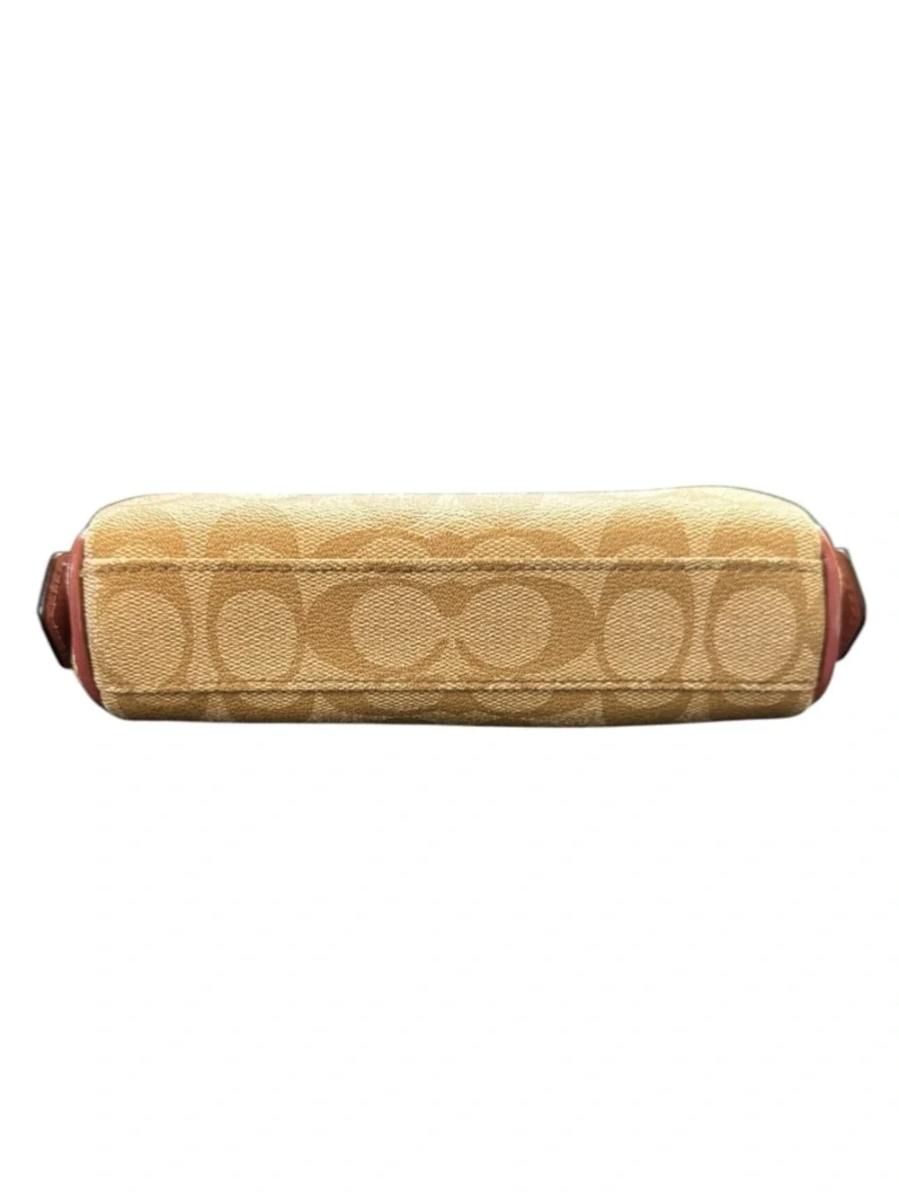 Coach Tan Signature C’s Canvas Cosmetic Makeup Case with Purple Trim